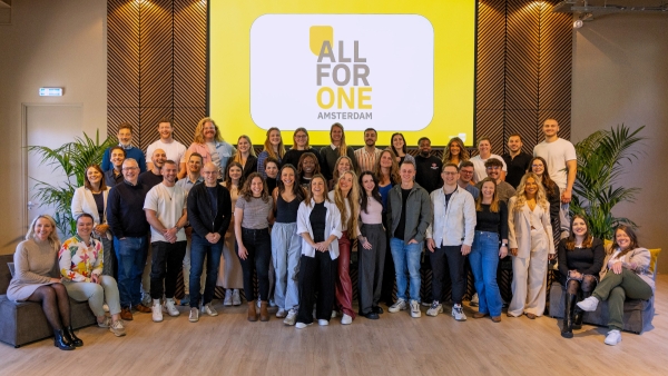 Large group of Insulet employees at a "All for One" event in Amsterdam