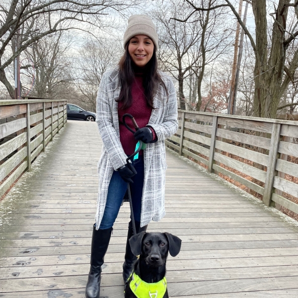 Maria and her dog out for a walk